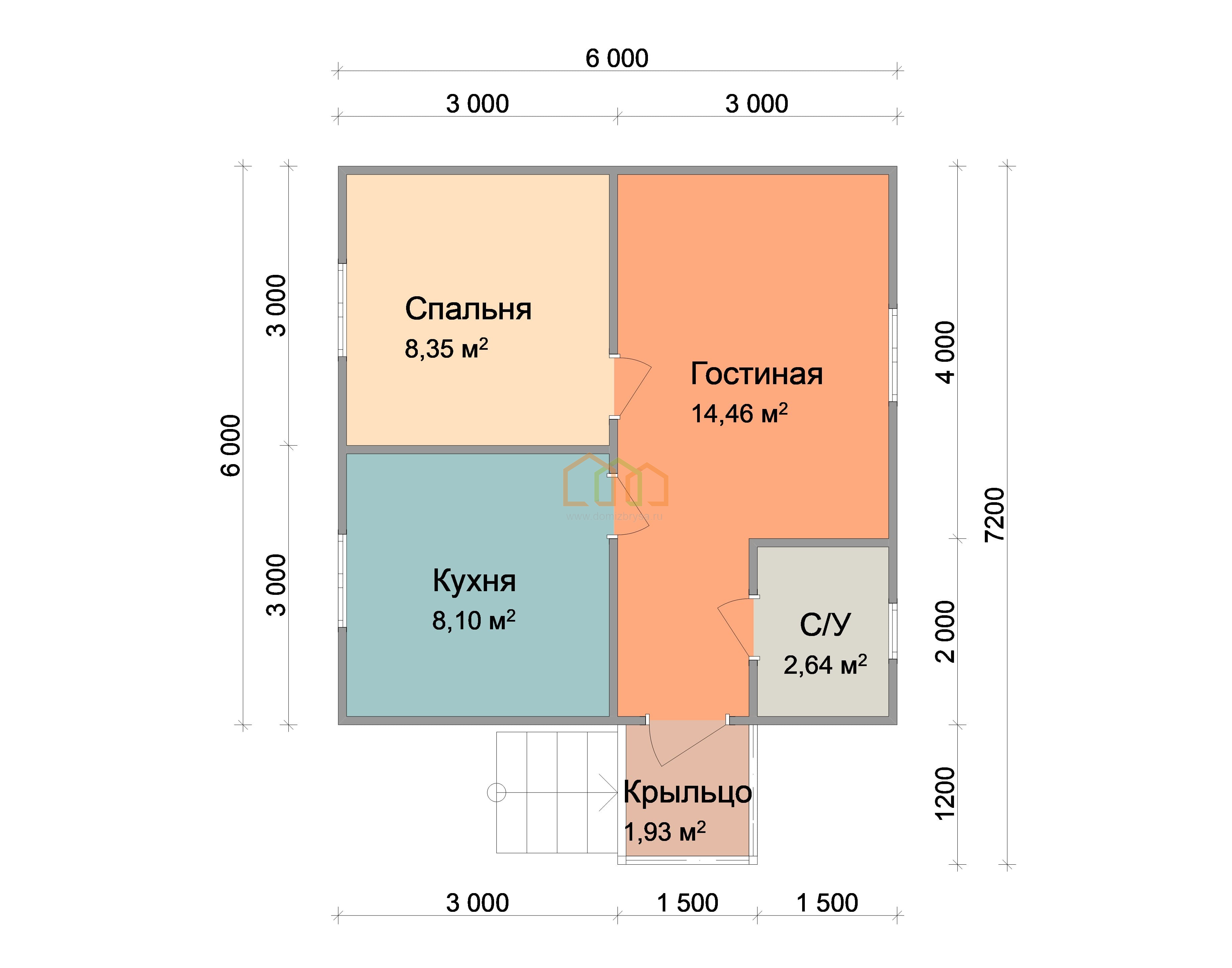 Одноэтажный каркасный дом 6х6 - цена 1005500 руб под ключ в Воскресенске.  Площадь: 37.8 м² с крыльцом